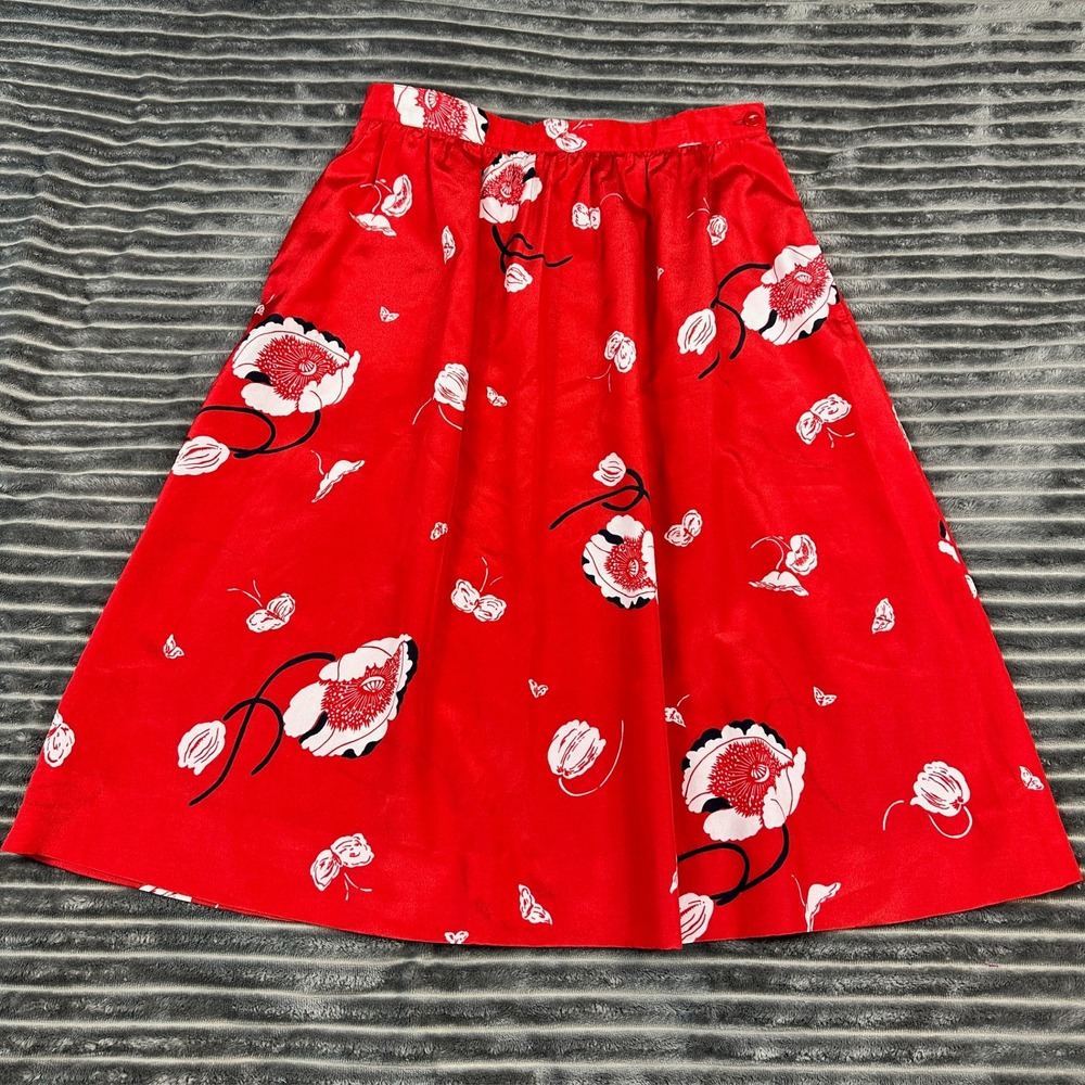 Vintage Pan-her Red Floral Butterfly A-Line Skirt ILGWU Made in USA Retro 27W